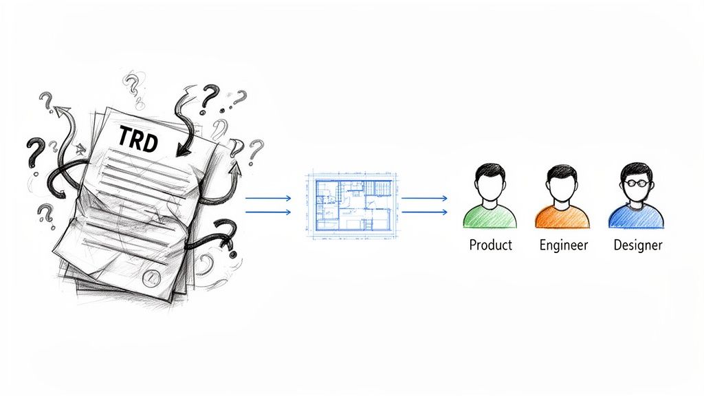 Illustration: A confusing TRD document leads to questions, clarified by a blueprint, guiding product, engineer, and designer roles.
