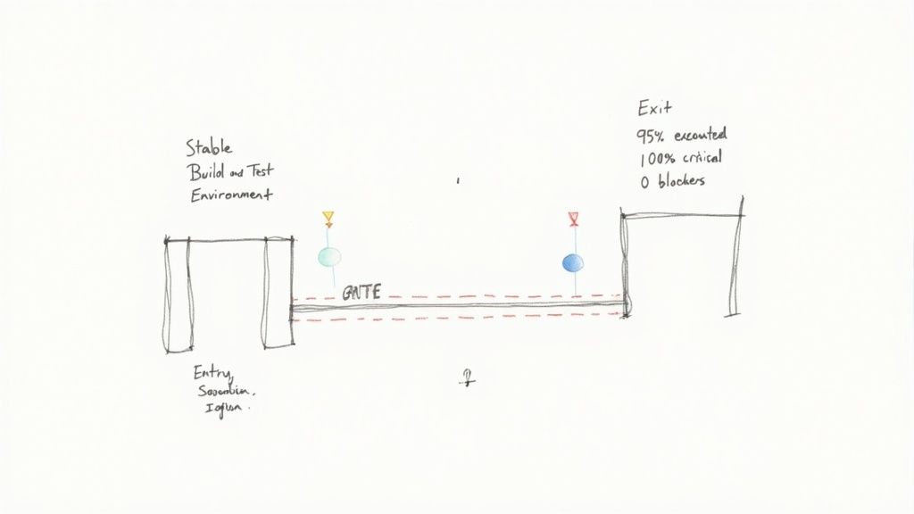 Software deployment pipeline diagram showing stable build environment, gate control, and exit with quality metrics