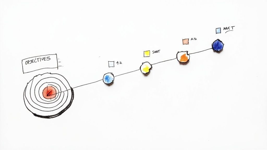 A hand-drawn diagram illustrating project objectives, targets, and milestones with colored circles and 'SMART' goals.