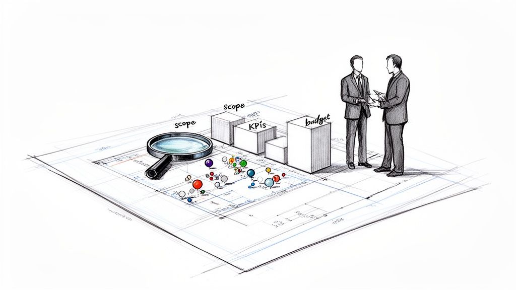 Two businessmen analyzing project scope, KPIs, and budget on a blueprint with a magnifying glass.