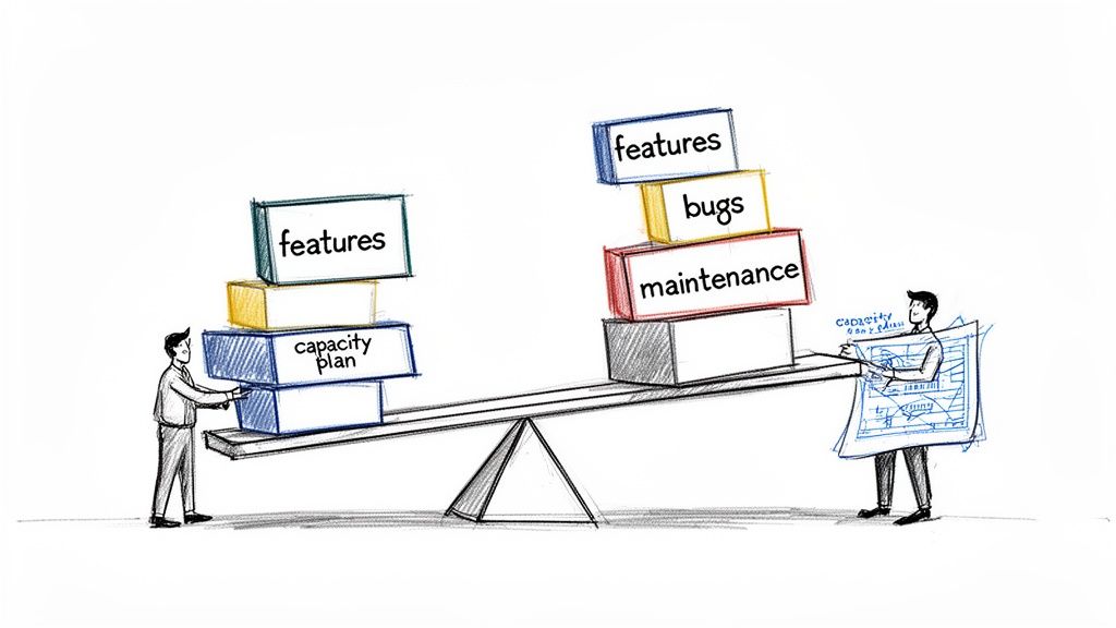 A seesaw illustrates balancing software development features and capacity planning against bugs and maintenance.