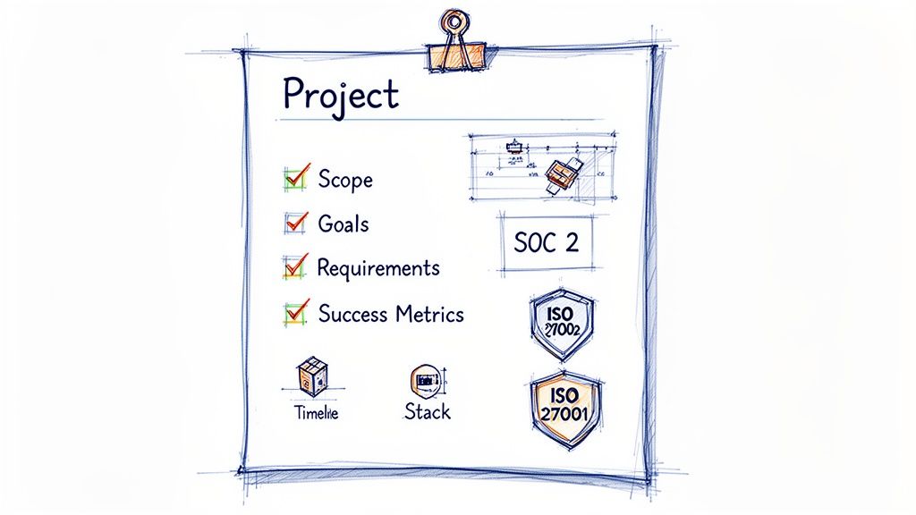 Hand-drawn project plan with checklist items: Scope, Goals, Requirements, Success Metrics, Timeline, Stack, and ISO certifications.