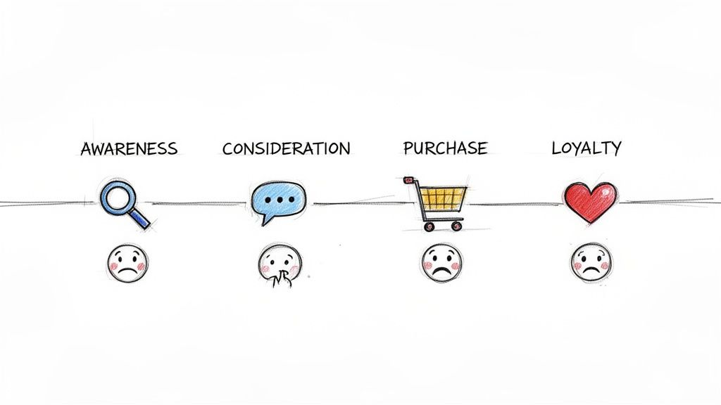 Hand-drawn customer journey map showing awareness, consideration, purchase, and loyalty stages with icons and sad emojis.