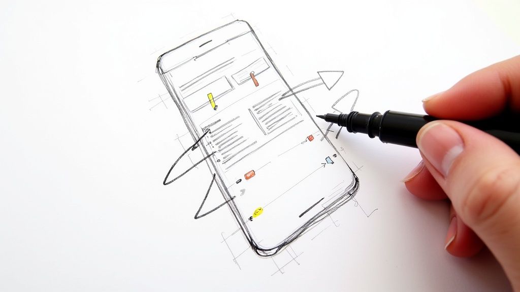 A hand sketches a mobile app user interface wireframe with a black marker on white paper.