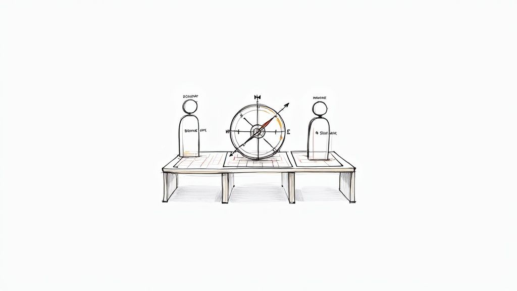 Diagram showing software testing strategy with compass wheel and figures on table illustration