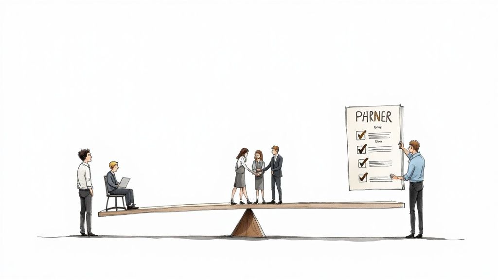 Three professionals in a meeting, collaboratively reviewing code on a laptop, symbolizing a strong development partnership.