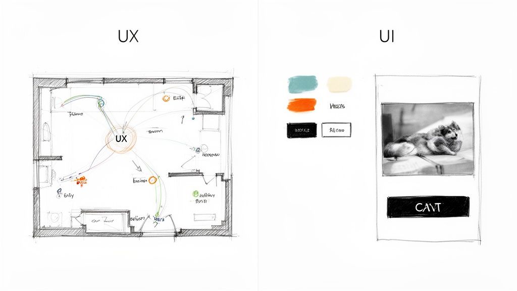 A hand-drawn sketch comparing UX and UI design concepts, showing a floor plan and mobile screen.