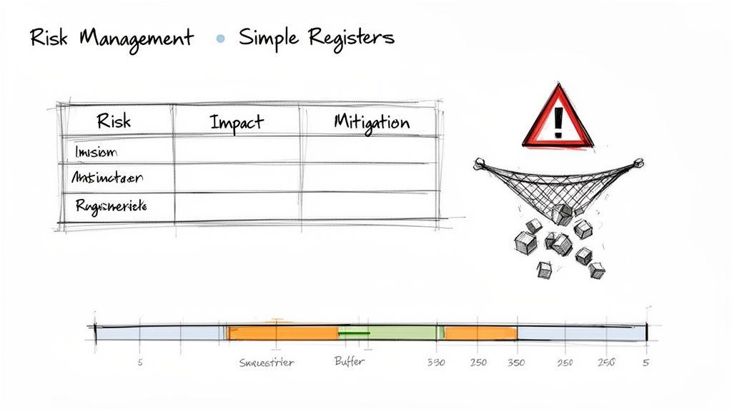 A whiteboard sketch illustrating risk management concepts, a risk register table, warning sign, and a buffer chart.