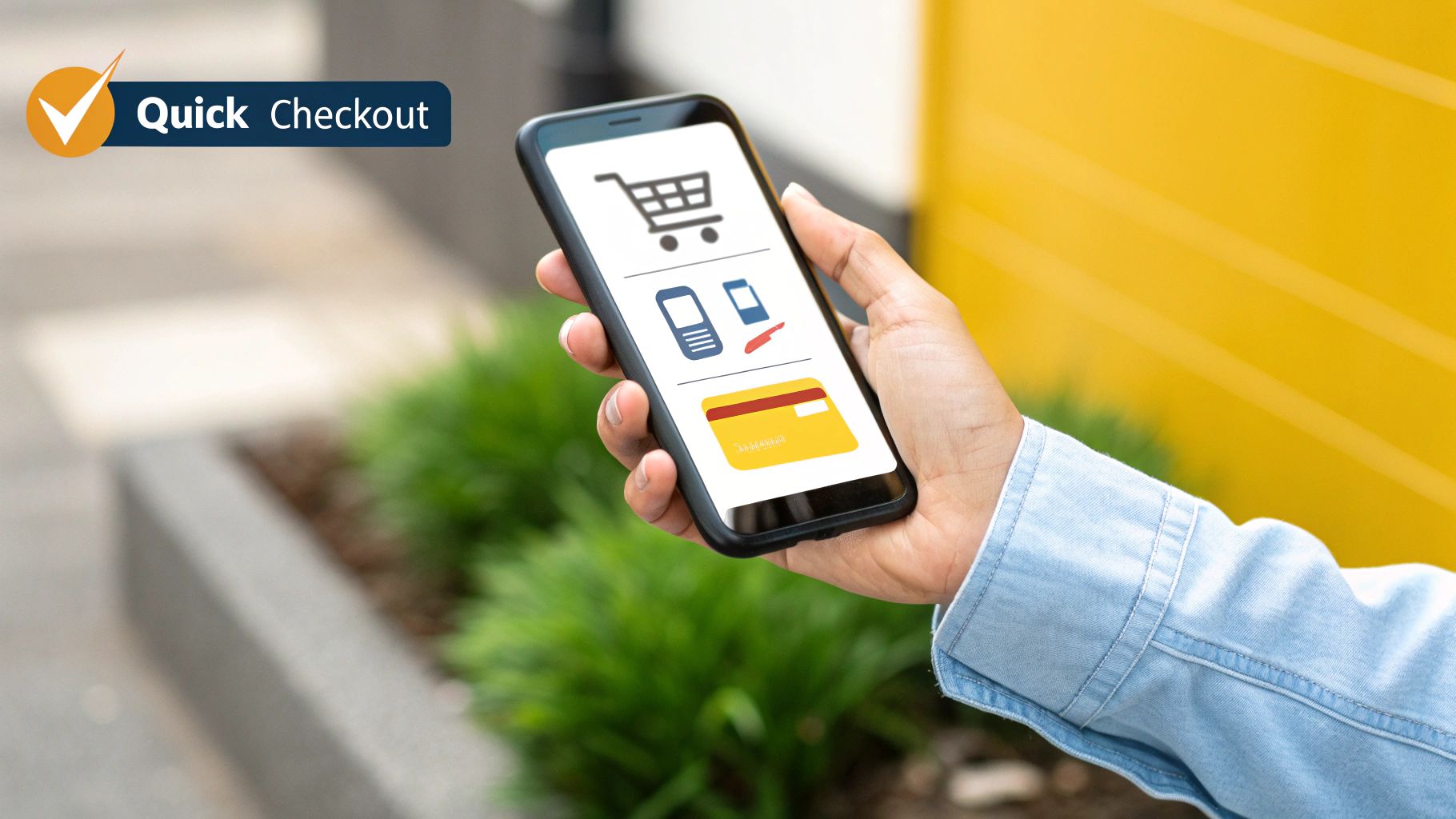 A detailed product page on a tablet next to a streamlined checkout screen on a smartphone, showing a seamless transition.