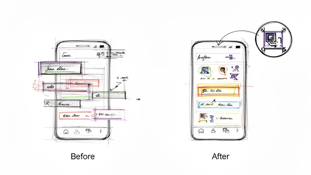 A sketch comparing messy mobile UI design elements before, and an organized, structured layout after.
