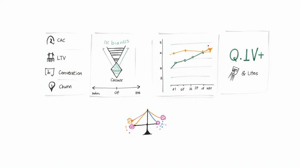 A person pointing at a tablet screen displaying various data dashboards and analytics, with charts and graphs in the background.