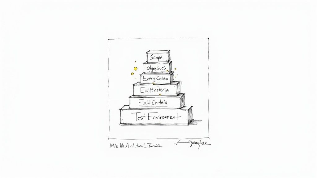 Hand-drawn stack illustrates key test plan elements: Scope, Objectives, Entry & Exit Criteria, Test Environment.