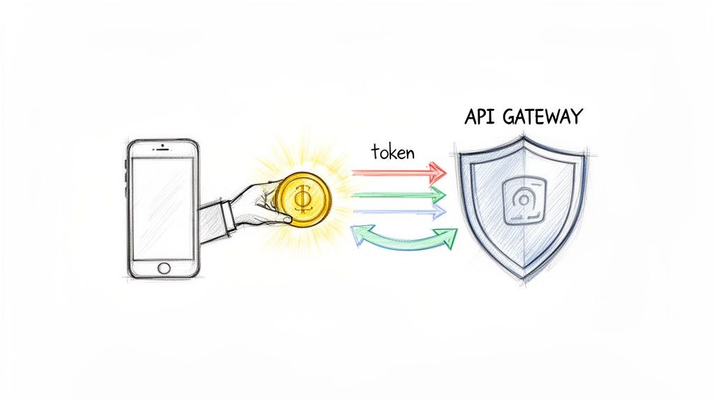 A mobile phone sending a glowing token towards an API Gateway shield for secure access.