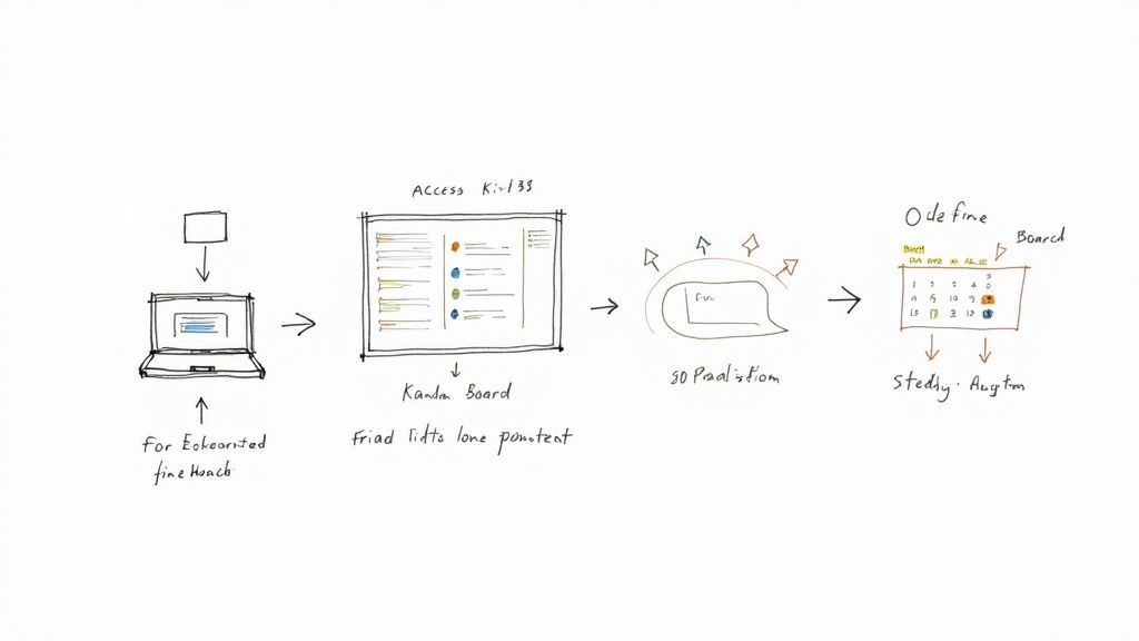Hand-drawn diagram showing a workflow process from initial input through a Kanban board to a project timeline.