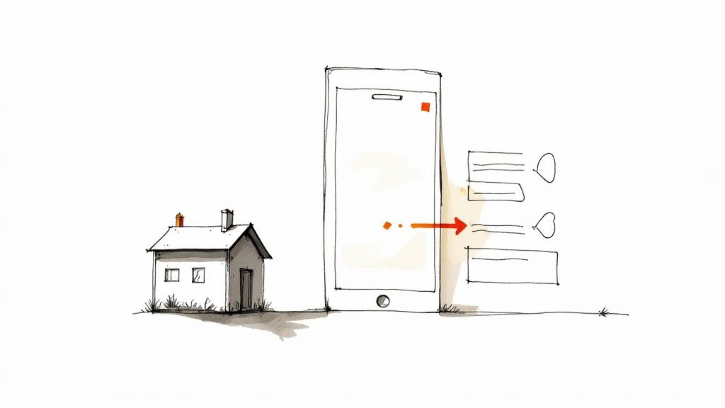 Illustration showing mobile phone transforming small house into larger building representing mobile first design approach