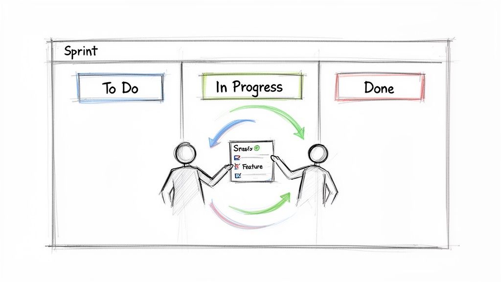 A sketch depicting two people collaborating on an agile sprint board with To Do, In Progress, Done columns.