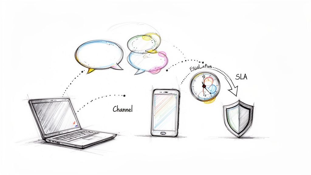 A sketched diagram illustrating a communication channel, escalation process, and SLA management.