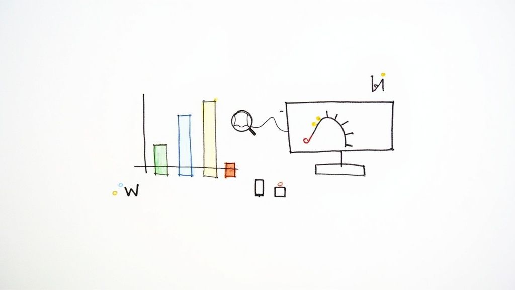Hand-drawn sketch illustrating data analysis with bar charts, a line graph on a monitor, and device icons.