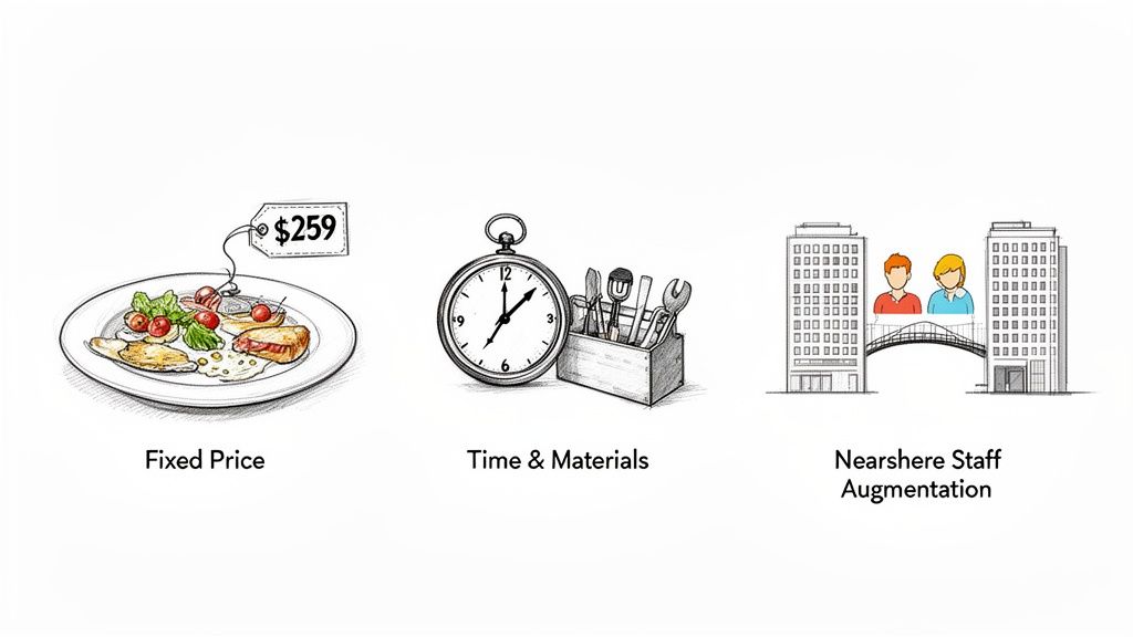 Illustrates three service models: fixed price with food, time and materials with tools, and nearshore staff augmentation.