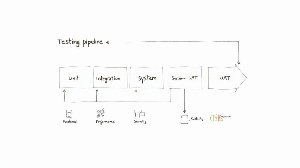A hand-drawn diagram illustrating a software testing pipeline with stages from Unit to UAT and different testing types.