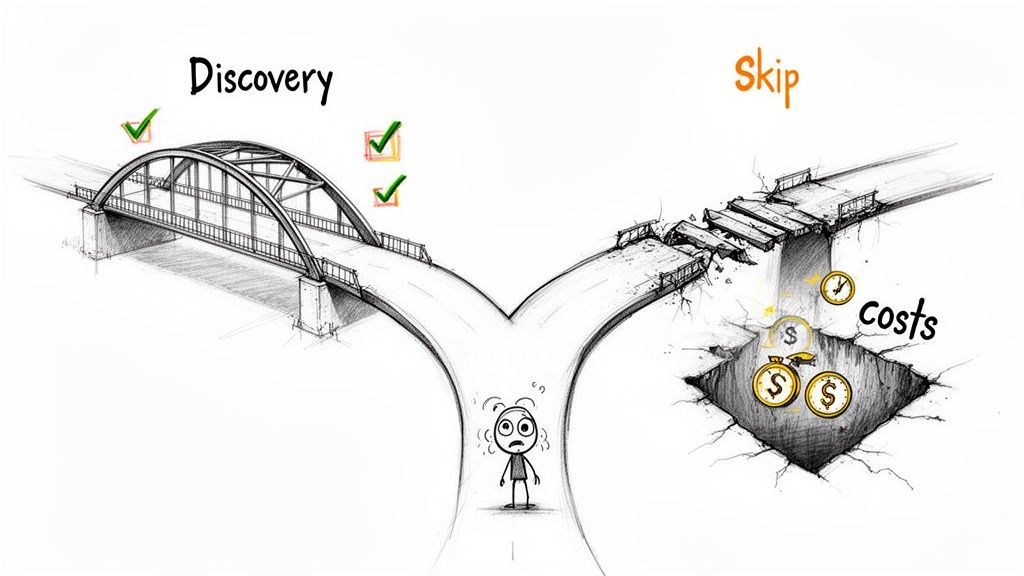 A stick figure choosing between 'Discovery' (complete bridge) and 'Skip' (broken bridge with hidden costs).