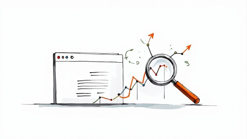 Magnifying glass analyzing upward trending data graph emerging from browser window illustration