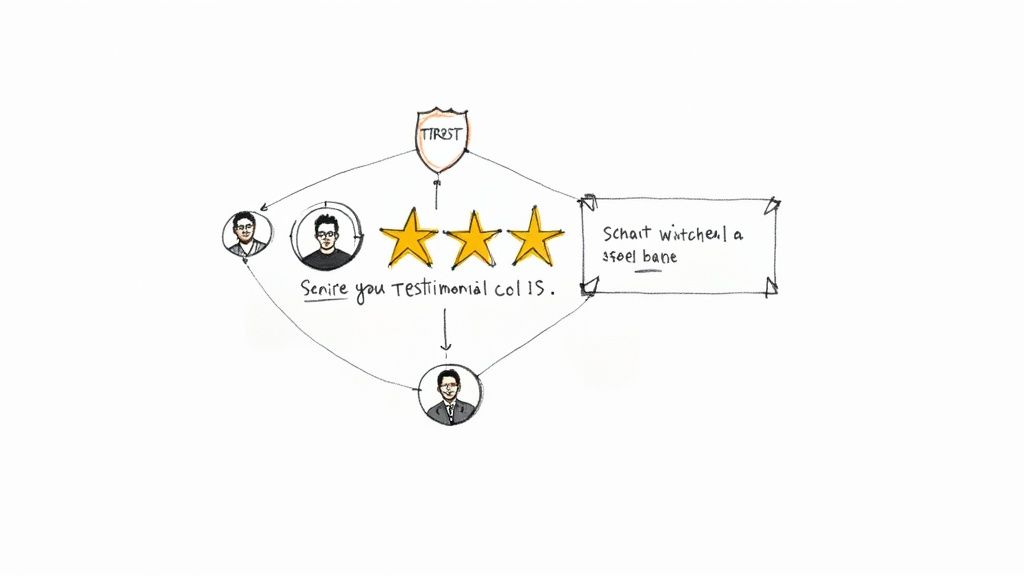 Hand-drawn diagram illustrating a trust and testimonial process with star ratings and user feedback.