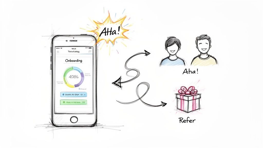 Sketch showing a mobile app onboarding progress, user delight ('Aha!'), and referral rewards.