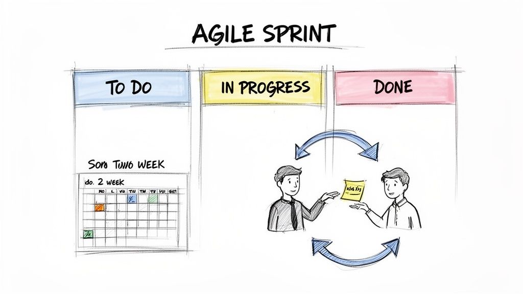 An illustration of an Agile Sprint board showing To Do, In Progress, Done columns, and a team collaborating on tasks.