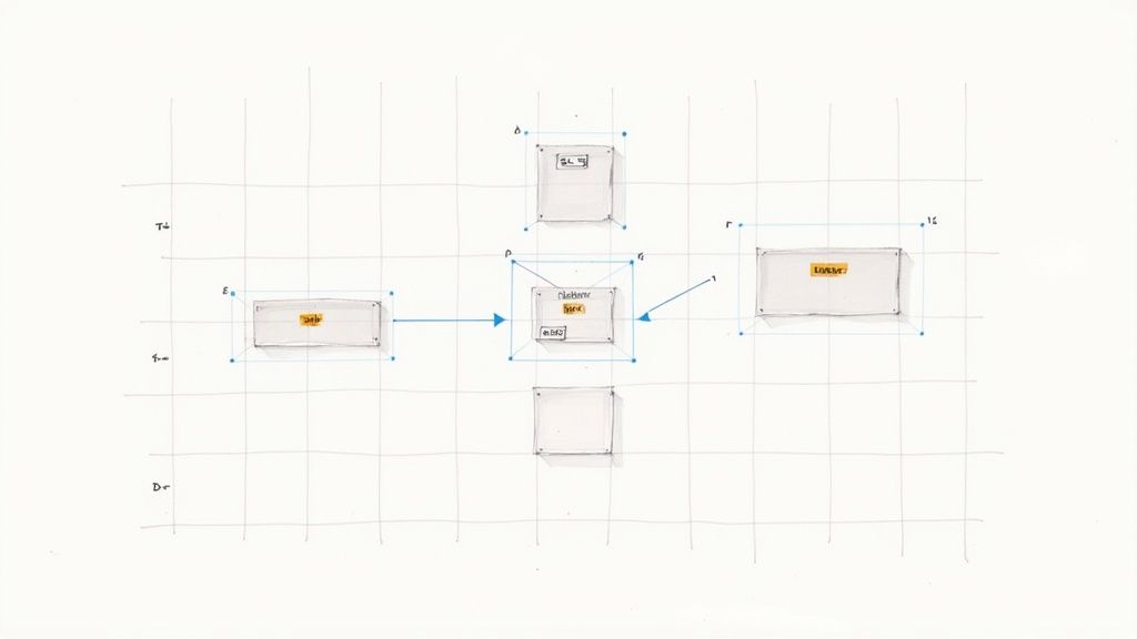 A hand-drawn diagram on a grid showing interconnected system components like "Safo", "platform", "work", "a-BFO", and "Linker?" with arrows.