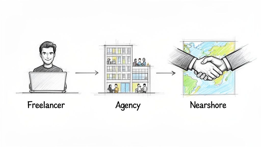 Illustration showing a freelancer, an agency building, and a nearshore handshake over a world map.