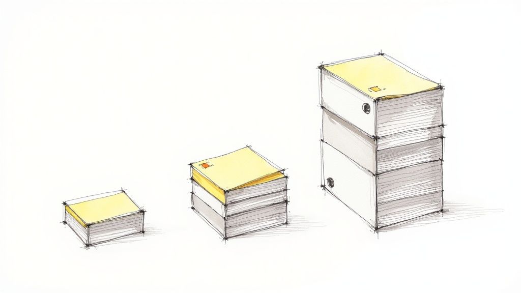 Hand-drawn illustration of growing stacks of paperwork, symbolizing increasing complexity or volume.
