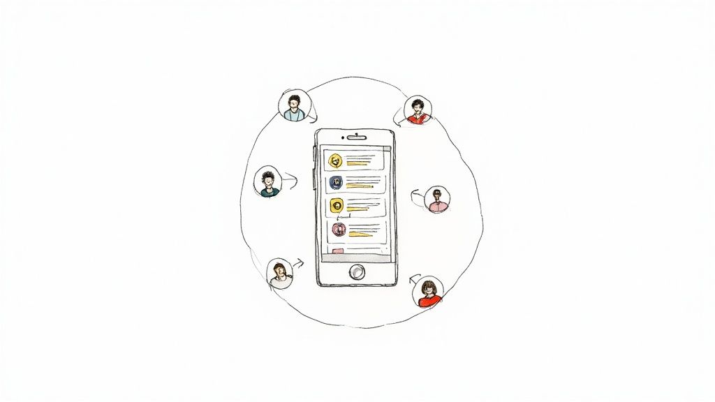 A smartphone surrounded by diverse user avatars, illustrating digital communication and social networking engagement.