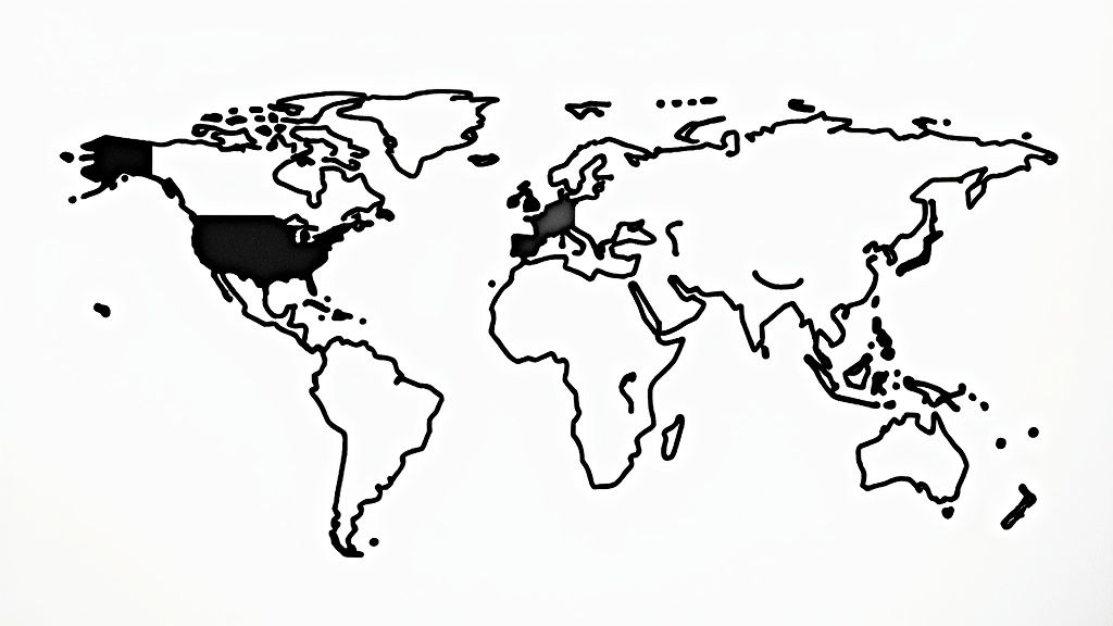 Black and white world map with the USA, Alaska, UK, Ireland, France, Spain, and Portugal highlighted.