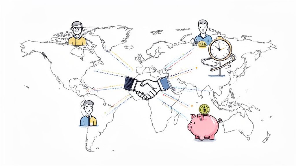 A global map showing a handshake connecting people, time, and money, symbolizing worldwide digital transformation.