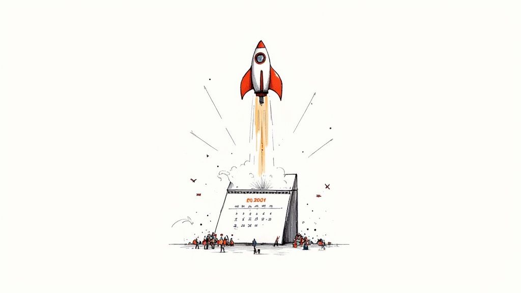 A red and white rocket launching from a calendar page dated October 2001, watched by people.