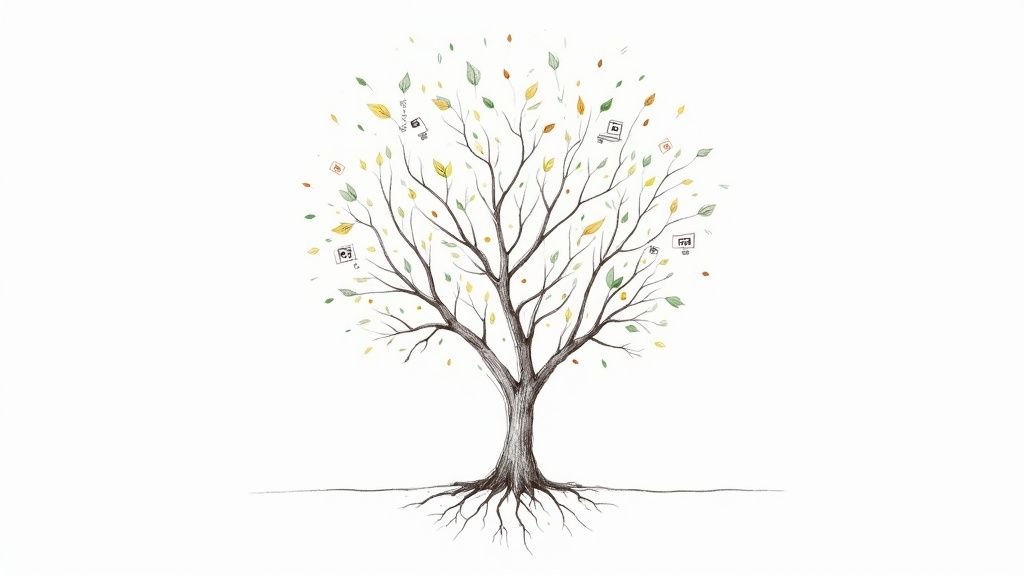 A whimsical drawing of a tree with roots, branches, and leaves mixed with digital icons.