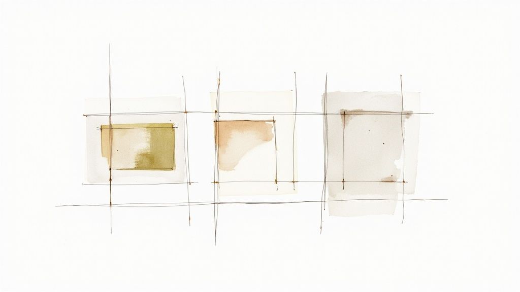 Abstract watercolor painting featuring three rectangular washes in green, peach, and beige, overlaid with a delicate grid.
