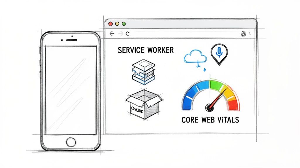 Sketch of a smartphone and browser displaying web concepts like Service Worker, Cache, Cloud, Mic, and Core Web Vitals gauge.