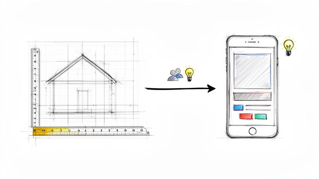 A blueprint of a house with rulers transitioning to a mobile app UI sketch, symbolizing the design discovery phase.