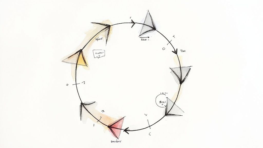 Hand-drawn circular diagram showing a project management cycle with labels like Sprint, Ideas, Team, and Decision.