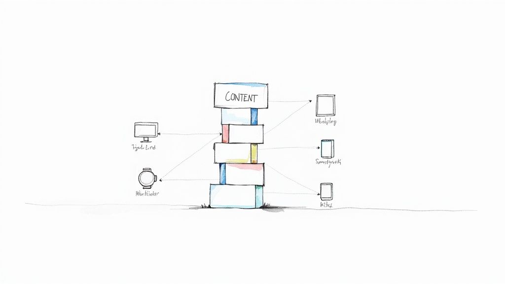 Diagram showing content flowing from input devices through a central content stack to various output screens, illustrating headless CMS.