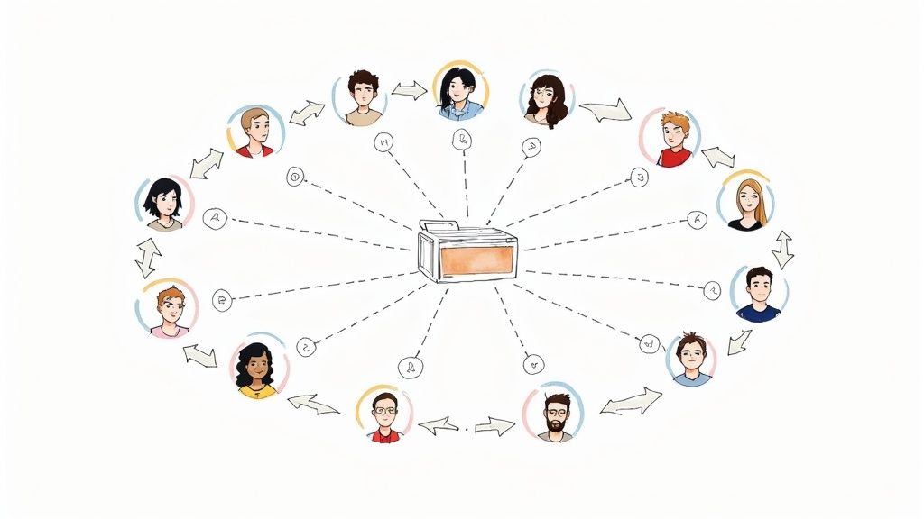 Illustration of a central resource connected to a circle of diverse people, showing collaborative workflow.