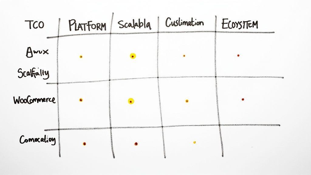 Handwritten grid comparing e-commerce platforms like WooCommerce across platform, scalability, and ecosystem.
