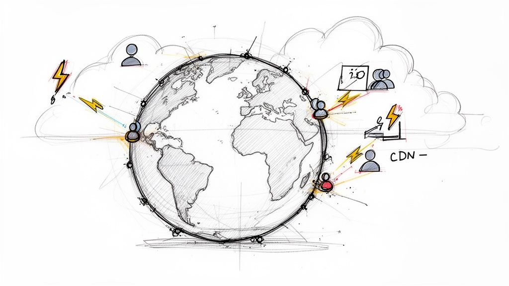 Global network sketch with users connected to cloud services and data transfer around the Earth.