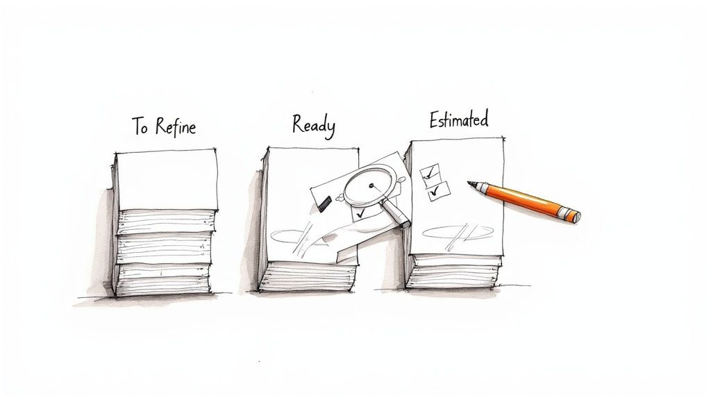 Cartoon illustration of project task workflow stages: To Refine, Ready, Estimated, with paper stacks and tools.
