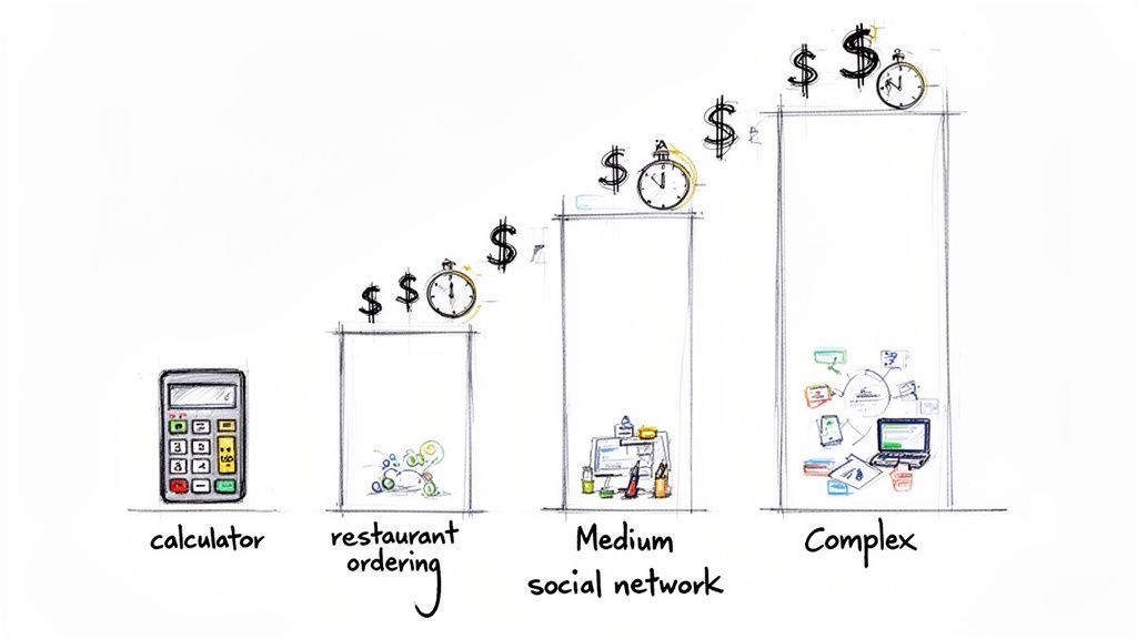 Hand-drawn bar chart illustrating how software project complexity, from a calculator to complex systems, correlates with increasing cost and time.
