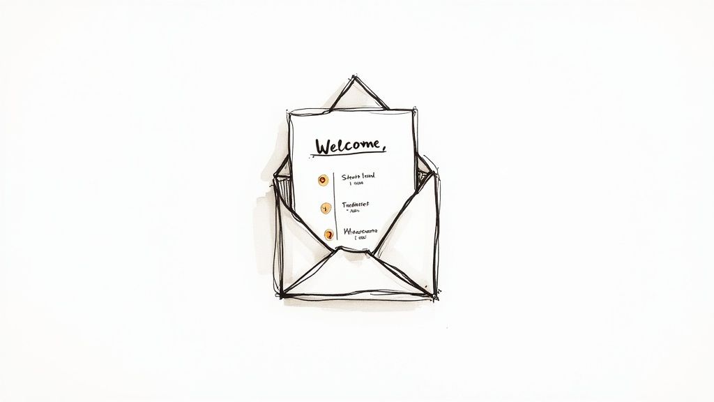 A hand-drawn sketch of an open envelope with a 'Welcome' note, symbolizing customer onboarding.