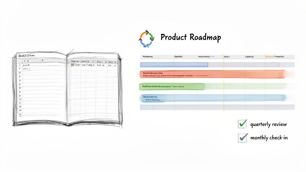 Sketch of an open notebook next to a product roadmap diagram with project timelines and review checkboxes.