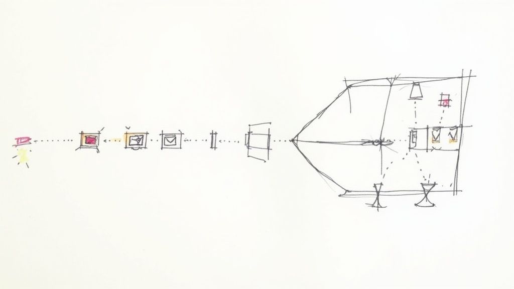 A hand-drawn diagram illustrating the sequential flow and stages of an email drip campaign.